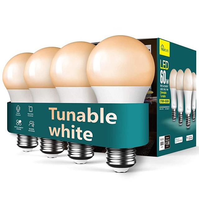 Smart Light Bulb Treatlife Smart Bulb, 2500K-6500K Tunable White Dimmable LED Light Bulb Works with Alexa and Google Assistant, 2.4GHz WiFi, 800LM, E26 A19 9W, No Hub Required, Smart Home
