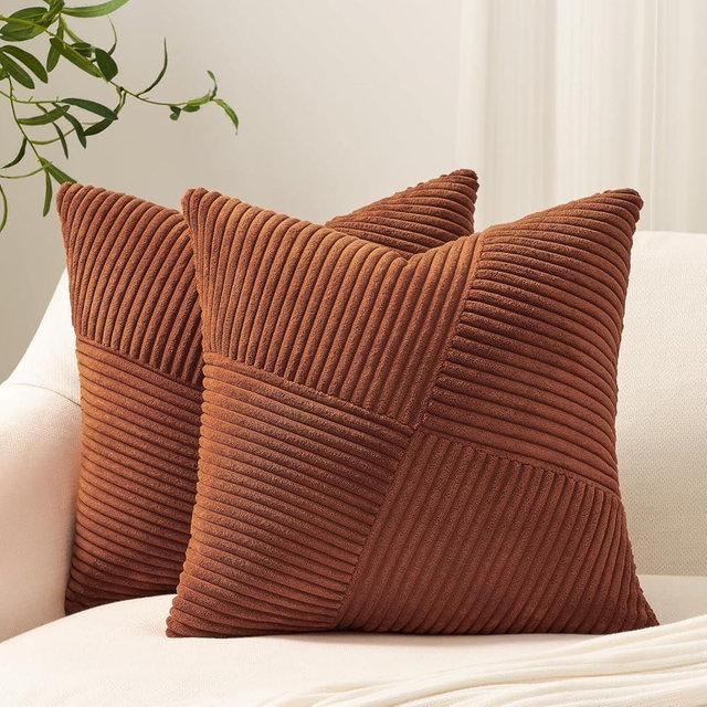 Topfinel Set of 2 Decorative Terracotta Throw Pillow Covers 18x18 Inch for Couch Sofa Bed, Farmhouse Boho Rustic Home Decor,Soft Corduroy Windmill Textured Striped Patchwork Cushion Cases