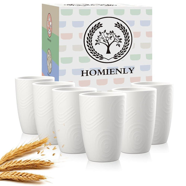 Homienly Drinking Cups 12 OZ Wheat Straw Cup Sets of 6 Reusable Water Drinking Glasses Dishwasher Safe Water Glasses Lightweight Tumbler for Kitchen - White