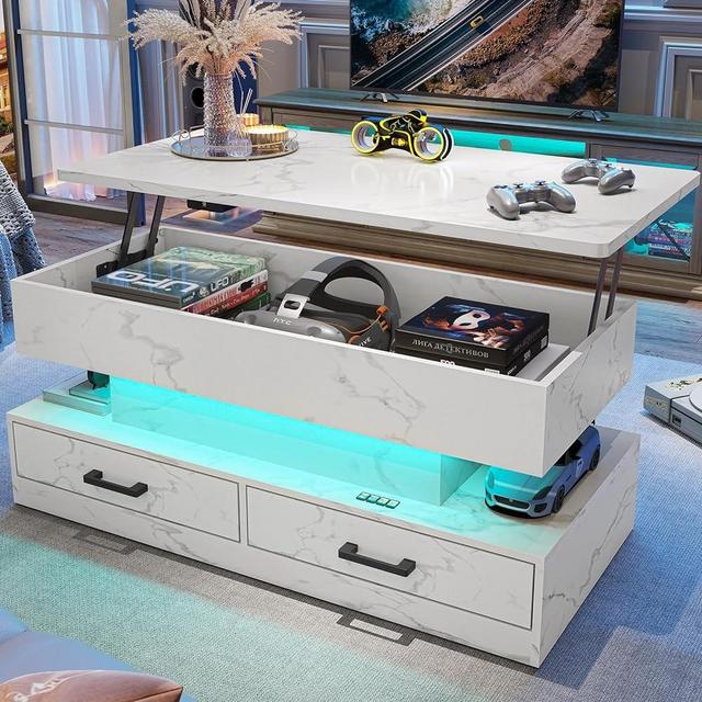 SEDETA 40" Lift Top Coffee Table, Coffee Tables with Storage for Living Room, Small Coffee Table with 2 Fabric Drawers & LED Light for Dining Reception Room, White Marble