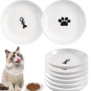 6 Pack Cat Food Bowl, Ceramic Cat Bowls, Anti Whisker Fatigue Cats Bowl Set,5.5 Inches Shallow Wide Kitten Plates for Food and Water (Cat's Paw+Fishbone)