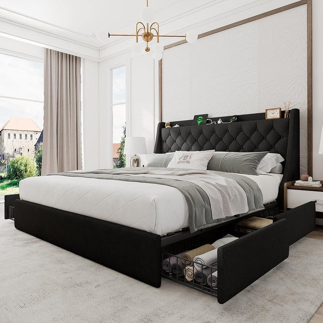 Einhomn King Size Bed Frame with 4 Storage Drawers, Upholstered Bed Frame with Wingback Headboard, Charging Station, No Box Spring Needed, Easy Assembly, Black