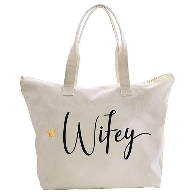 CARAKNOTS Wifey Bride Tote Bag for Wedding Gifts Bridal Shower Gifts for Wifey Bag with Zip Engagement Honeymoon Bachelorette Party Present Canvas Wedding Bridal Tote Shoulder Bag