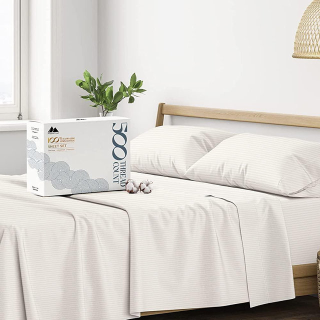 Mayfair Linen 500 Thread Count Bed Sheets 100% Egyptian Cotton Striped Sheets Set - Beige Long-Staple Cotton Queen Sheet for Bed, Fits Mattress Upto 16'' Deep Pocket, Soft & Silky Sateen Weave Sheets