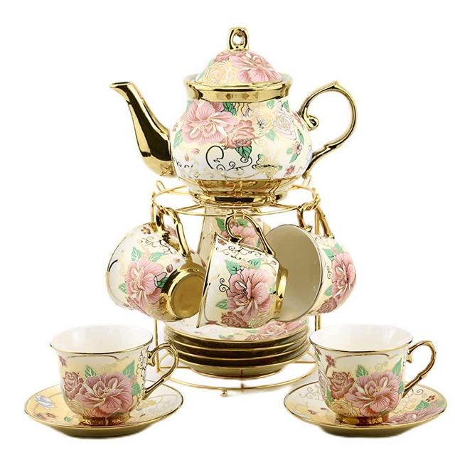 20 Pieces Porcelain Tea Set With Metal Holder, European Ceramic tea set for adults,Flower Tea Set,Tea Set For Women With Flower Painting (Large version, Cream)