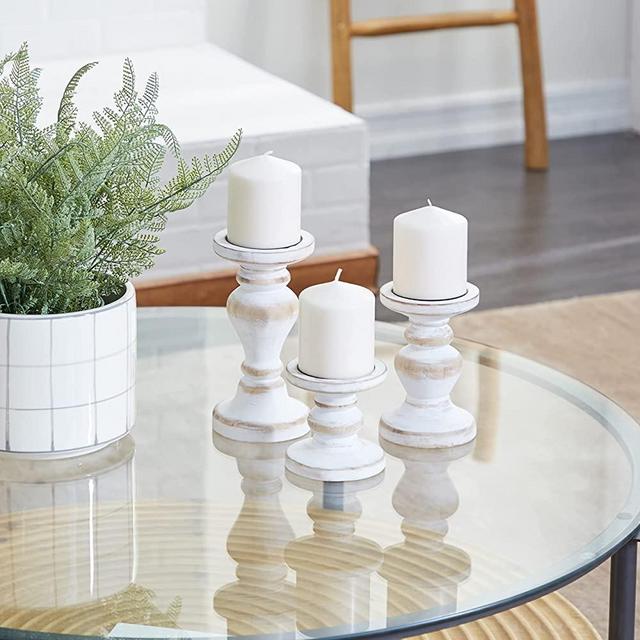 Deco 79 Wood Turned Style Candle Holder, Set of 3 8", 6", 4"H, White