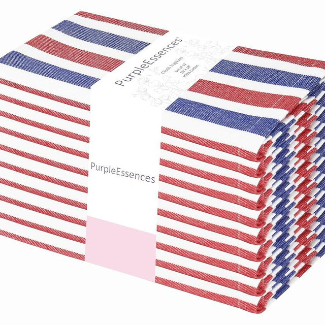 PurpleEssences 4th of July Plain Striped Cloth Napkins - Set of 12-100% Cotton - 18 x 18 Inch - Perfect Everyday Use Dinner Napkin - Red Blue White