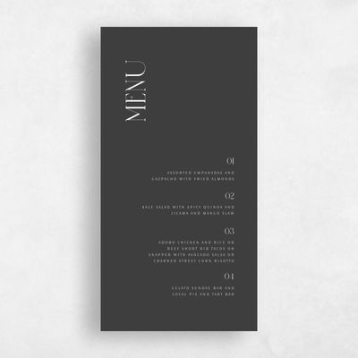 Dark Charcoal, Grey Wedding Menu - Andes