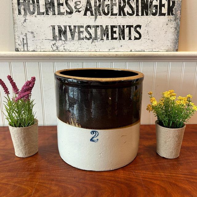 Vintage Stoneware Crock Antique 2 Gallon Stoneware Glazed Crock Stoneware Two Tone Brown and Beige Pottery Blue Number Two - Two Gallon