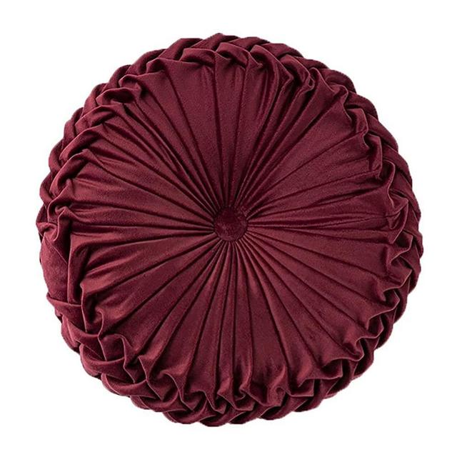 Elero Round Throw Pillow Velvet Home Decoration Pleated Round Pillow Cushion for Couch Chair Bed Car Burgundy