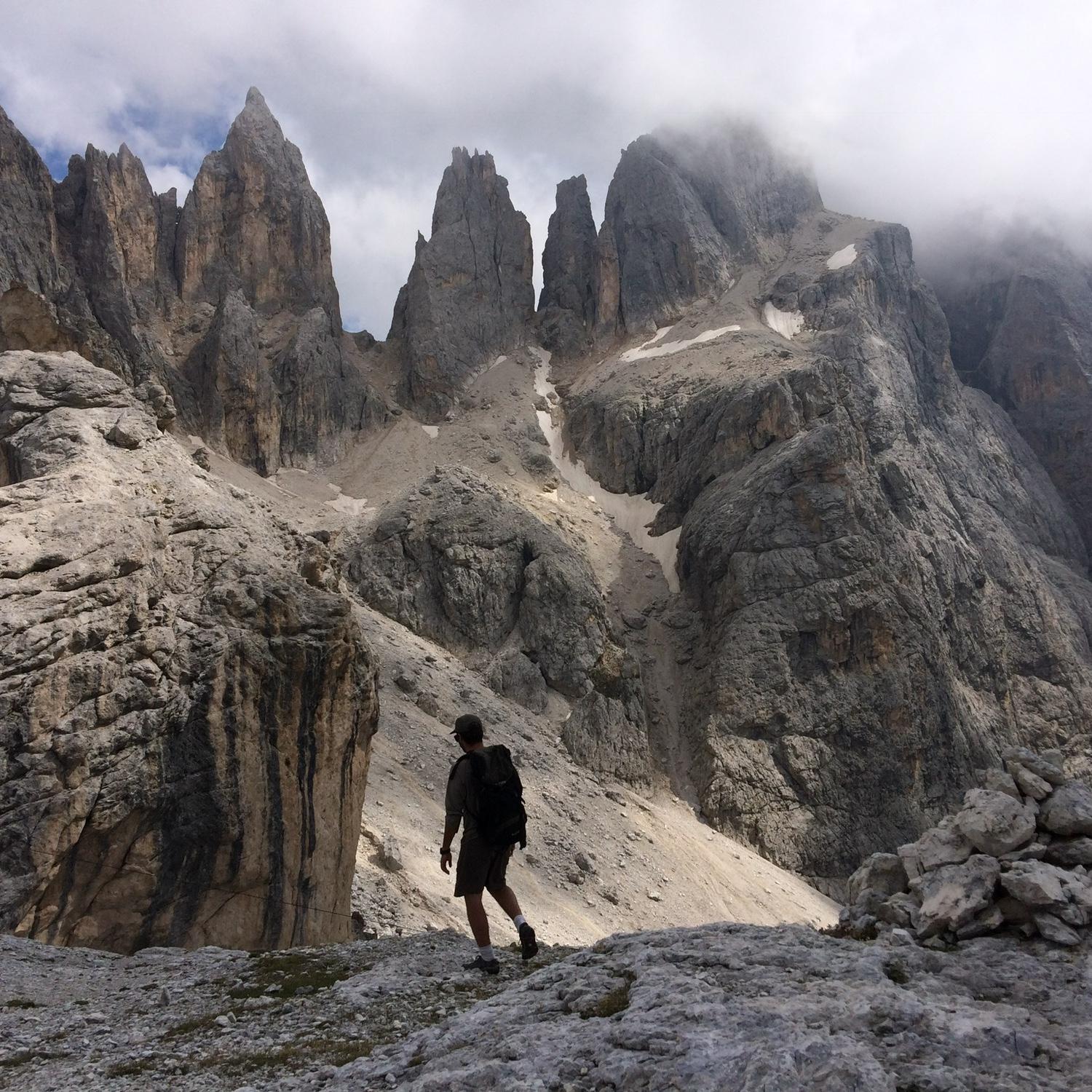 Happily hiking in the Dolomites