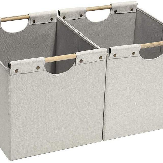 HOONEX Large Foldable Cube Storage Bins, Linen Fabric, 2 Pack, with Wooden Carry Handles and Sturdy Heavy Cardboard, for Home, Office, Car, Nursery, Beige