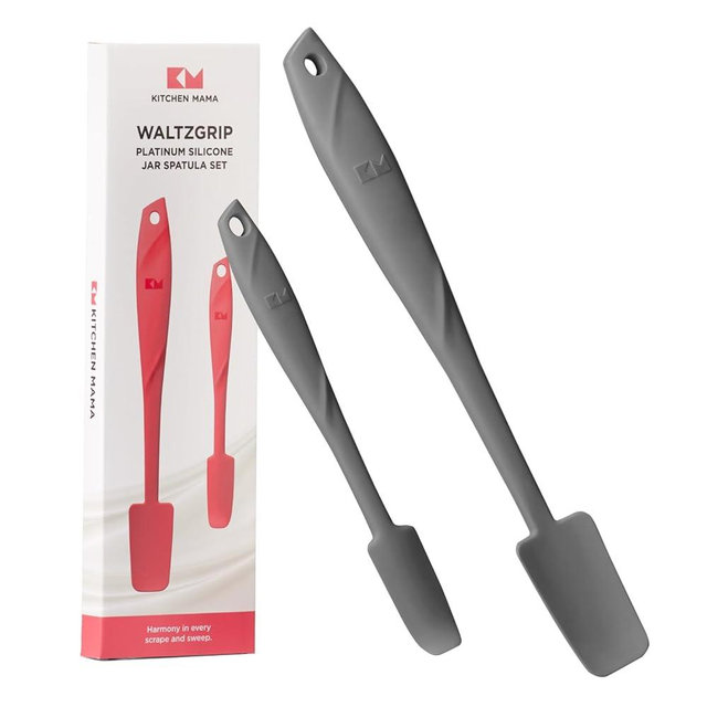 Kitchen Mama Silicone Jar & Can Spatula Set: Heat-Resistant, Dishwasher Safe, Ergonomic Grip, Perfect for Mixing, Scraping, Scooping, and Spreading, Nonstick Cookware, Platinum WaltzGrip (Metal Gray)