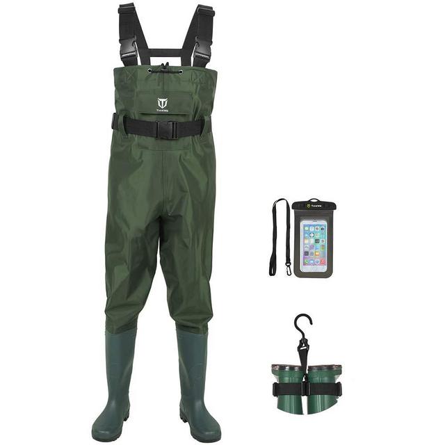 TIDEWE Bootfoot Chest Wader, 2-Ply Nylon/PVC Waterproof Fishing & Hunting Waders with Boot Hanger for Men and Women(Green/Brown)