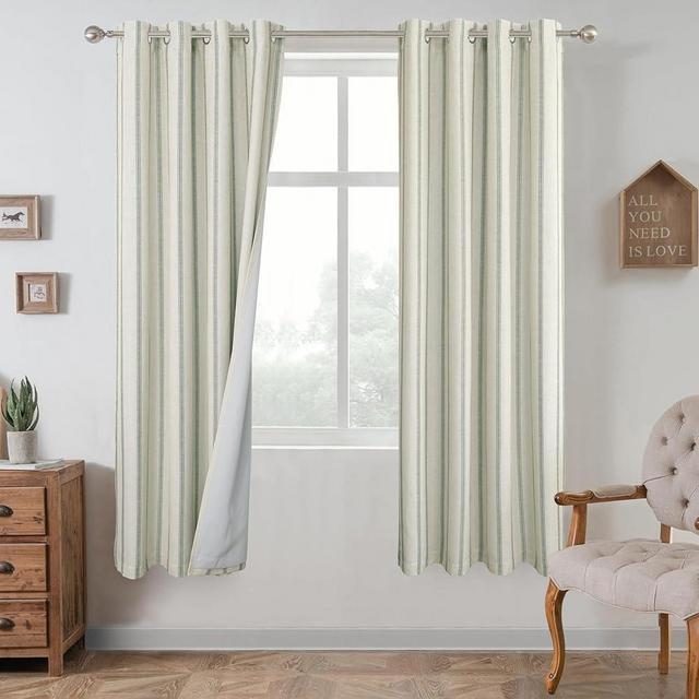 DriftAway Farmhouse Linen Blend Blackout Curtains 63 Inches Long for Bedroom Vertical Striped Printed Linen Curtains Thermal Insulated Lined Treatments for Living Room 2 Panels W52 x L63 Loden Green