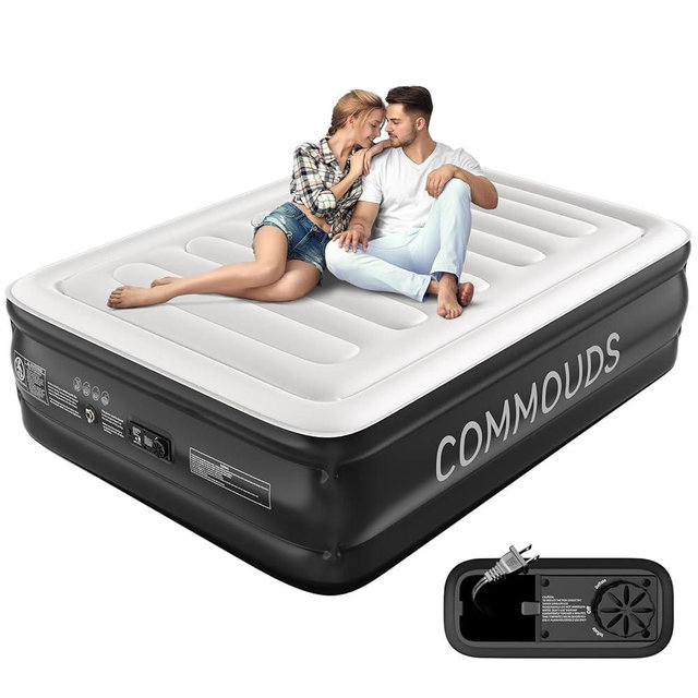COMMOUDS Queen Air Mattress with Built-in Pump, 18" Raised Blow up Mattress, Comfort Inflatable Mattress with Waterproof Flocked Top, Portable Airbed for Guests, Camping, Home & Travel Use, 660lbs Max