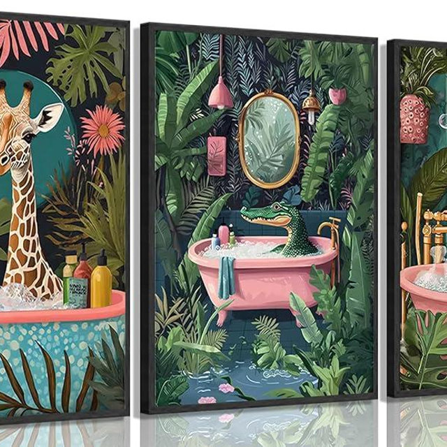 3Pcs Funny Bathroom Animals Wall Art Cheetah Crocodile Giraffe Wall Decor Picture Maximalist Painting Tropical Plants Posters Prints for Living Room Bedroom Toilet Decoration 16x24in Unframed