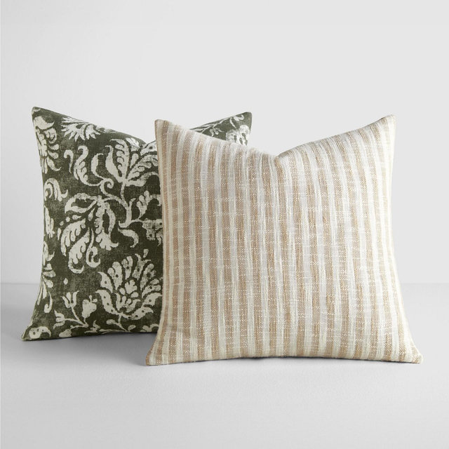 2-Pack Yarn-Dyed Patterns Olive Throw Pillows - Becky Cameron, Olive Yarn-Dyed Bengal Stripe / Distressed Floral