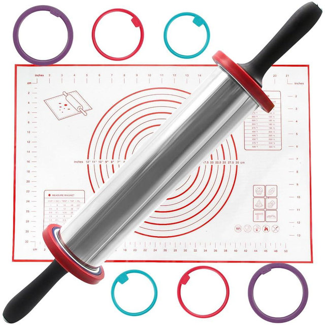 SHIKORI Rolling Pin,Adjustable Rolling Pin with Thickness Rings, Stainless Steel Dough Roller Baking Supplies for Pizza Pastry Fondant Pie Pasta-Red