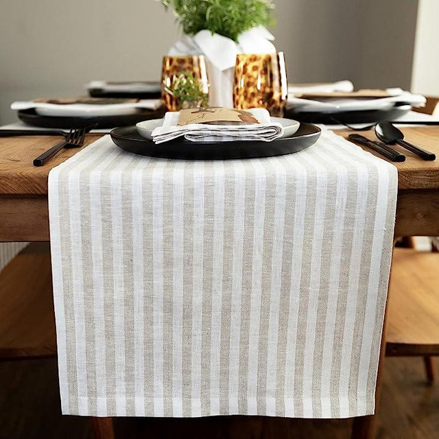 Solino Home Linen Rustic Table Runner 14 x 60 Inches – 100% Pure Linen Fabric Coffee Table Runner for Summer – Amalfi Stripe, Handcrafted from European Flax – Natural and White