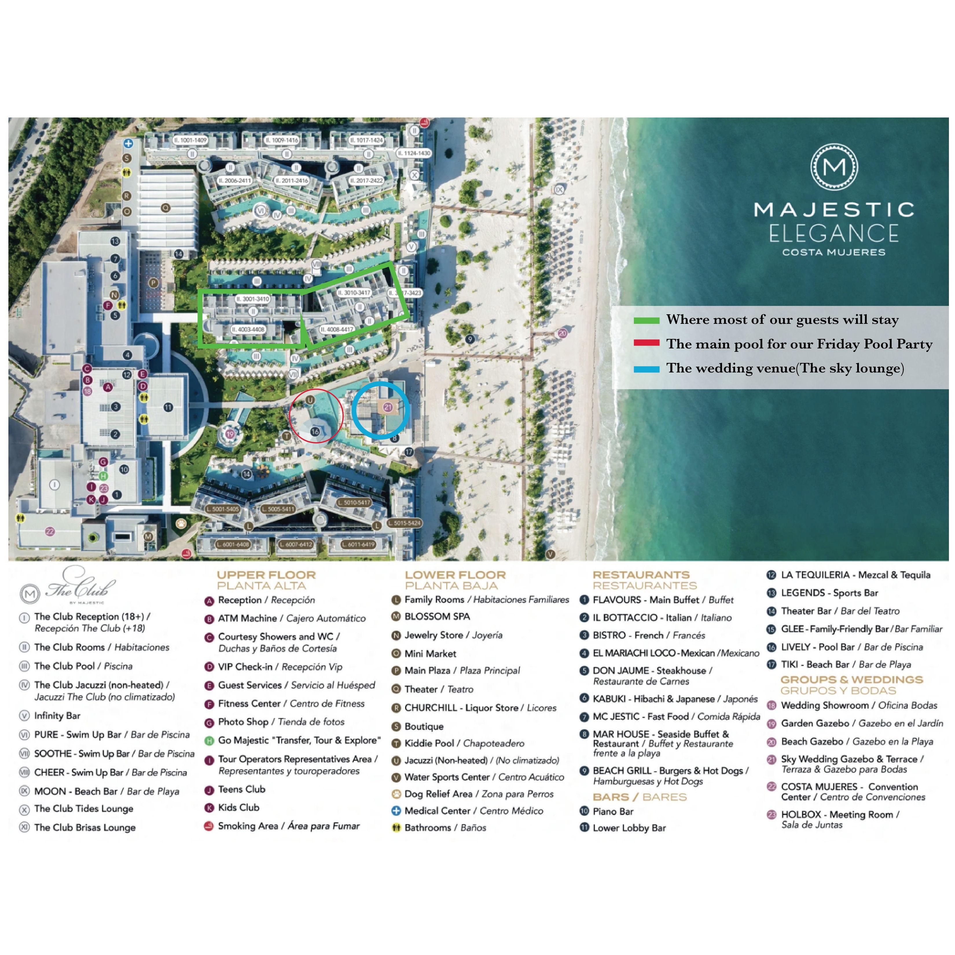 Here is a map of the resort. Please use this to get around easily! The Red area is where we will have our pool party on Friday! The Blue area is where the wedding will be!