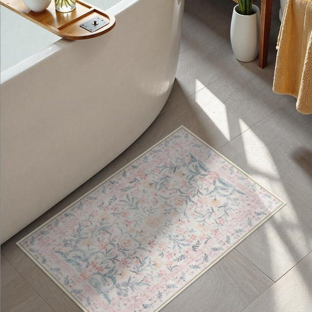 Seavish Pink Floral Bathroom Rug, 16x24 Inch Non-Slip Washable Plush Bath Mat, Soft Absorbent Small Boho Bath Mat for Bathroom Floor Decor, Sink Vanity Shower