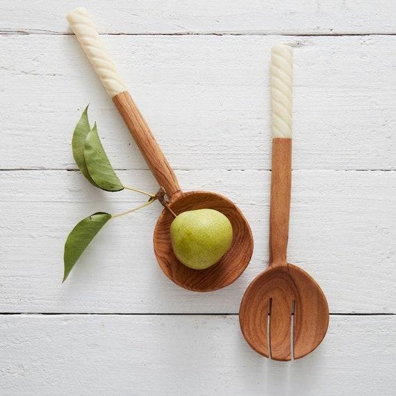 Kenya Hand Carved Tall Hand Carved Olive Wood Bone Salad Server Set
