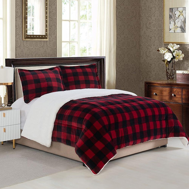 Elegant Comfort Softest, Coziest Premium Quality Heavy Weight Micromink Sherpa-Backing Reversible Down Alternative Micro-Suede 3-Piece Comforter Set, King, Buffalo Plaid, Burgundy/Black