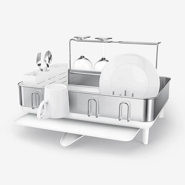 simplehuman Kitchen Dish Drying Rack with Swivel Spout, Fingerprint-Proof Stainless Steel Frame, White Plastic, 2021 Model