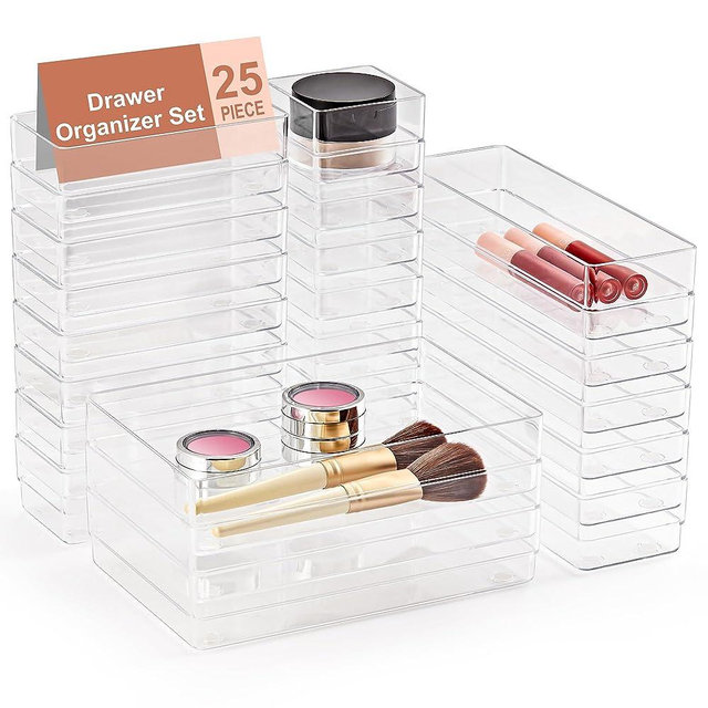 SMARTAKE 25-Piece Drawer Organizer with Non-Slip Silicone Pads, 4-Size Desk Drawer Organizer Trays Storage Tray for Makeup, Jewelries, Utensils in Bedroom Dresser, Office and Kitchen (Clear)