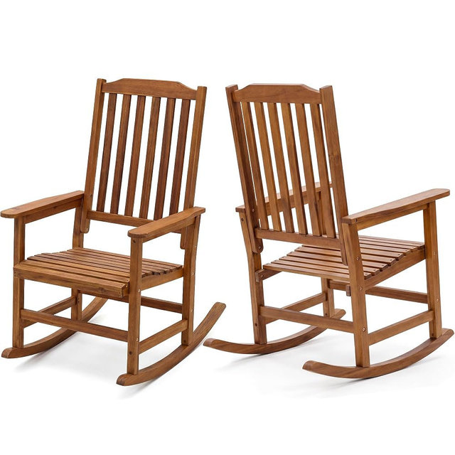 Devoko Outdoor Rocking Chair Acacia Wood Porch Rocking Chairs, Outdoor Chairs with Widened Armrest for Porch, Poolside, Balcony and Yard, Natural (2-Piece Chairs Set)