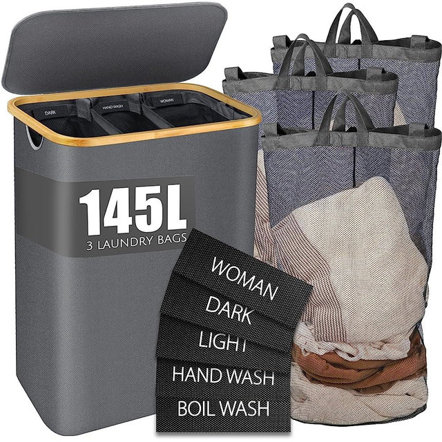 Laundry Hamper with Lid, 145L Extra Large Laundry Hamper 3 Section Dirty Clothes Hampers for Laundry Divided Laundry Basket Organizer for Bedroom,Laundry Room,Dirty Clothing Hamper,Grey
