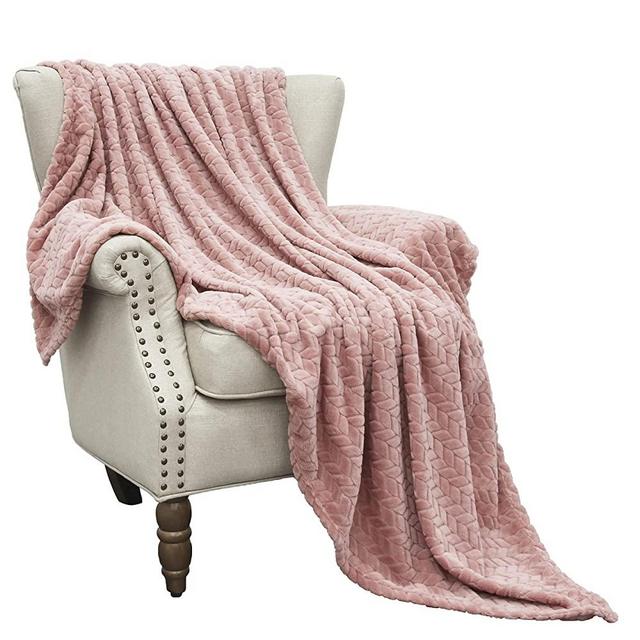 Exclusivo Mezcla Large Flannel Fleece Throw Blanket, Jacquard Weave Leaves Pattern (50" x 70", Pink) - Soft, Warm, Lightweight and Decorative