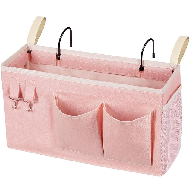 Loghot Bedside Caddy/Bedside Storage Bag Hanging Organizer for Bunk and Hospital Beds,Dorm Rooms Bed Rails,Can be Placed Glasses,Books,Mobile Phones,Keys (Light Pink)