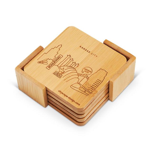 CityScape Designs Kansas City Skyline Wooden Coaster Set