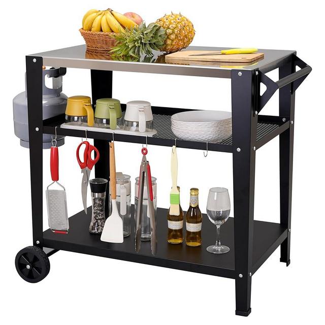 LEETOLLA Stainless Steel Outdoor Grill Cart with Wheels, Heavy-Duty 3-Tier BBQ Prep Table for Pizza Oven, Griddle, Patio – Rustproof Commercial Kitchen Cart with Tool Hooks