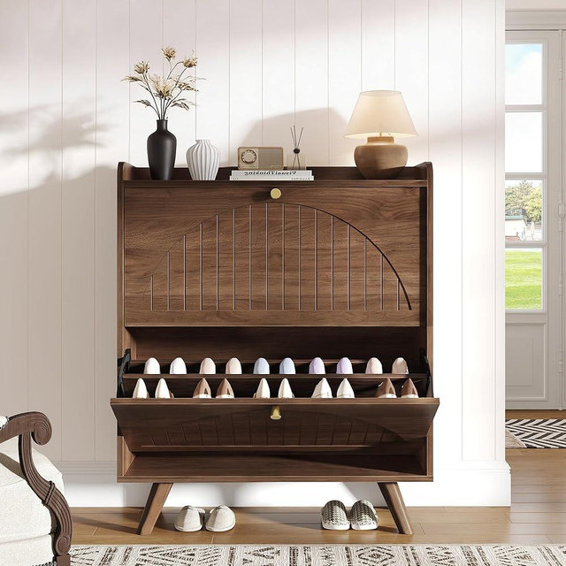Decofy 37.6” Shoe Cabinet with 2 flip-Down Drawers, Three Adjustable Levels, Suitable for entryway, Hallway, and Living Room (Walnut)