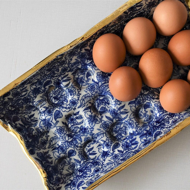 Blue and gold ceramic egg tray, egg crate,...