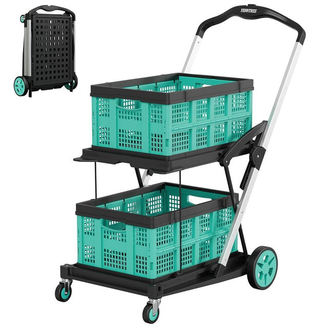 Shopping Cart, 8-in-1 200 lbs Multi Functional Collapsible Carts with 2 Storage Crates, 2-Tier Portable Utility Cart, Adjustable Folding Trolley for Shopping Warehouse Office Supermarket