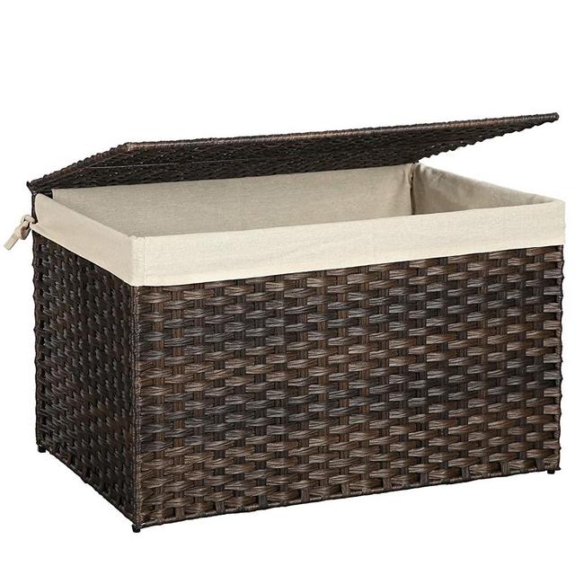 SONGMICS Storage Box with Cotton Liner, Rattan-Style Storage Basket, Storage Trunk with Lid and Handles, for Bedroom Closet Laundry Room, Brown URST76BR
