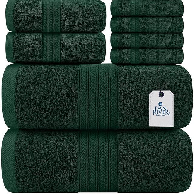 Dan River 100% Cotton Bathroom Towel Set|2 Oversized Bath Towels 30x52| 2 Hand Towels 16x28| 4 Wash Cloths 12x12| Ideal for Home, Hotel, Spa| Ultra Soft|Absorbent| Hunter Green Towel Set|600 GSM| 8 Pc