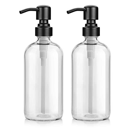 AmazerBath 2-Pack Soap Dispenser, 16 OZ Glass Hand Soap Bottle with Anti Rust Stainless Steel Pump, Refillable Dish Soap Dispenser for Bathroom and Kitchen（Black）