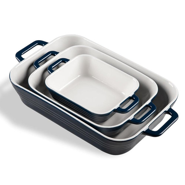 Sweejar Relief Casserole Dishes for Oven, Ceramic 9x13 Baking Pans Set for Cooking, Cake, Banquet and Daily Use, Rectangular Bakeware Set, Porcelain Baking Dish, Lasagna Pan Deep with Handles(Navy)