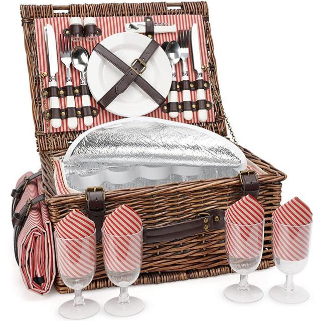 Picnic Basket Set for 4 Persons with Cooler and Waterproof Picnic Blanket, Classical Wicker Picnic Baskets with Waterproof & Sand-Proof Beach Mat,Willow Hamper Service Gift Set