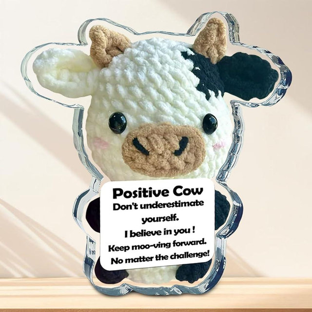 Positive Cow Desk Decor, Inspirational Crochet Cow Acrylic Sign Decorations, Emotional Support Uplifting Plaque for Birthday Friendship, Motivational Cow for Women
