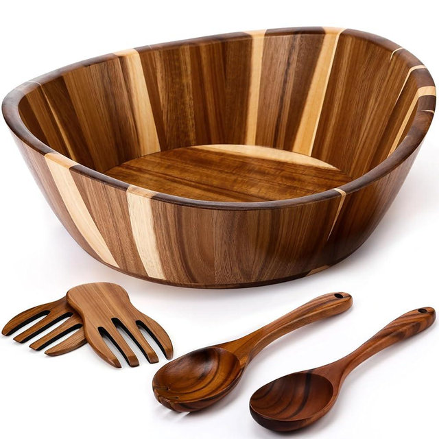 LemonRoad Wooden Salad Bowls Set 12 inch Wavy Large Acacia Wood Serving Bowl with 2 Wooden Hands 2 Utensils Fork Spoon for Fruit, Salad, Cereal, Corn flake, Pasta, Food (Regular Shaped)