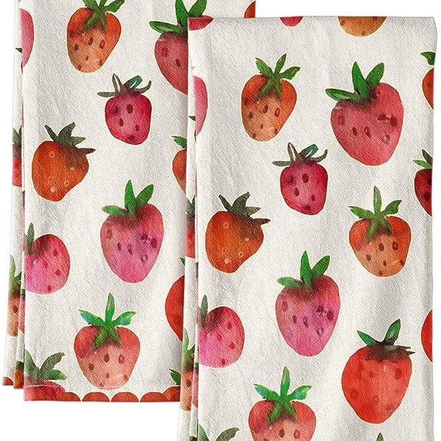 Miss Adola Flour Sack Kitchen Towels - Set of 2 Cotton Dish Towels with Hanging Loop Decorative 16x26 Inch Absorbent Cute Design for Housewarming Gifts, Strawberry