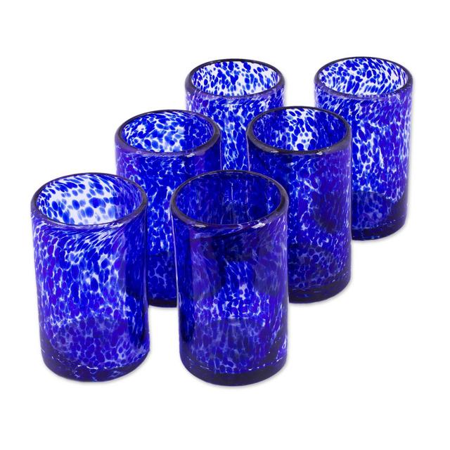 NOVICA Artisan Crafted Clear Blue Hand Blown Recycled Glass Tumbler Glasses, 14 0z. 'Marine' (set of 6, Pitcher not included)