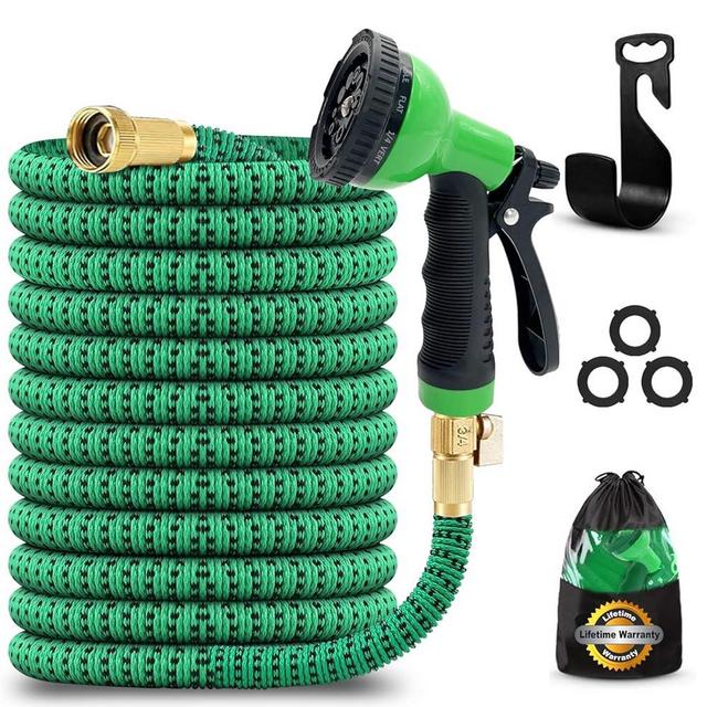 J&B XpandaHose 50ft Expandable Garden Hose with Holder - Heavy Duty Superior Strength 3750D - 4 -Layer Latex Core - Extra Strong Brass Connectors and 10 Spray Nozzle w/Storage Bag (Green 50)