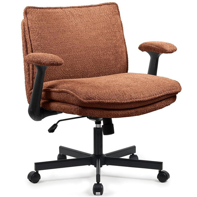 Kassipo Criss Cross Legged Office Chair with Wheels and Flip-Up Arms, Upholstered Criss Cross Desk Chair, Wide Seat Chairs for Home Office, Vanity, Apartment, Orange